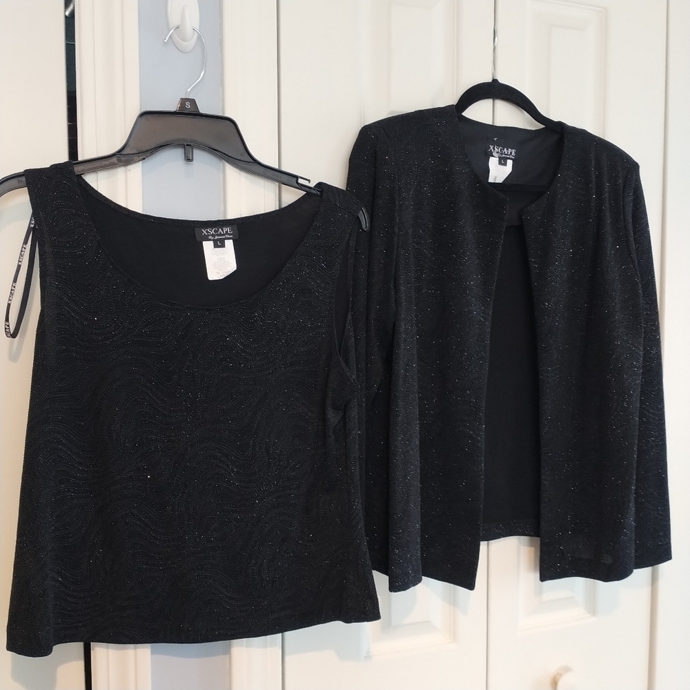 XSCAPE Two Piece Black Shimmer Tank and Jacket Set L